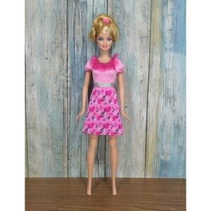 Barbie Doll Blonde Hair Updo Blue Eyes Pink Dress Ruffle Top Hearts Music Outfit